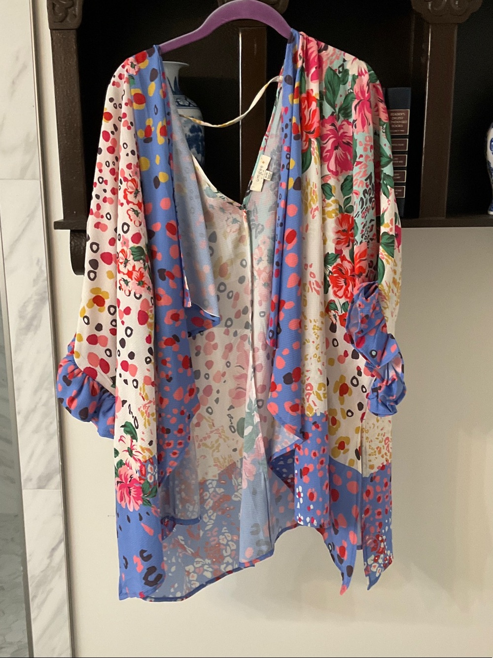 Umgee Multicolor Floral & Dot Sheer Tunic - Blue, Pink, Red, Green, White - Picture 3 of 3